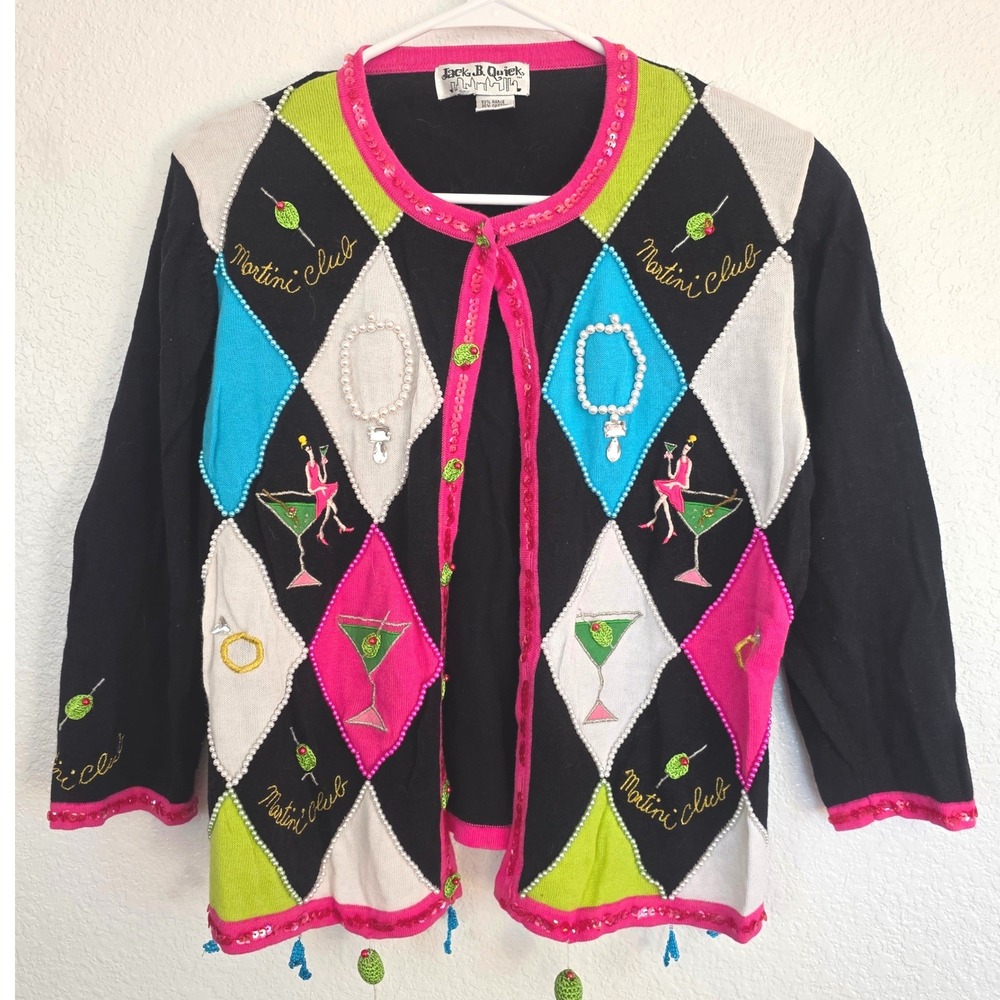 Jack B Quick Martini Club Novelty‎ Cardigan Sweater Womens M Rhinestone Beaded